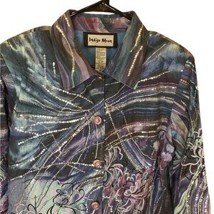 Indigo Moon Sequin Abstract Blouse Party Top Blue Purple Metallic Shirt Jacket